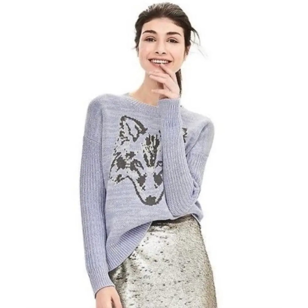 Banana Republic Womens Medium Gray Merino Wool Blend Wolf Intarsia Knit Sweater